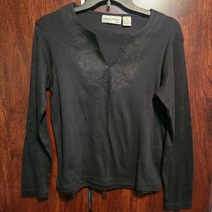Black Long Sleeve Top with Embroidered Neckline